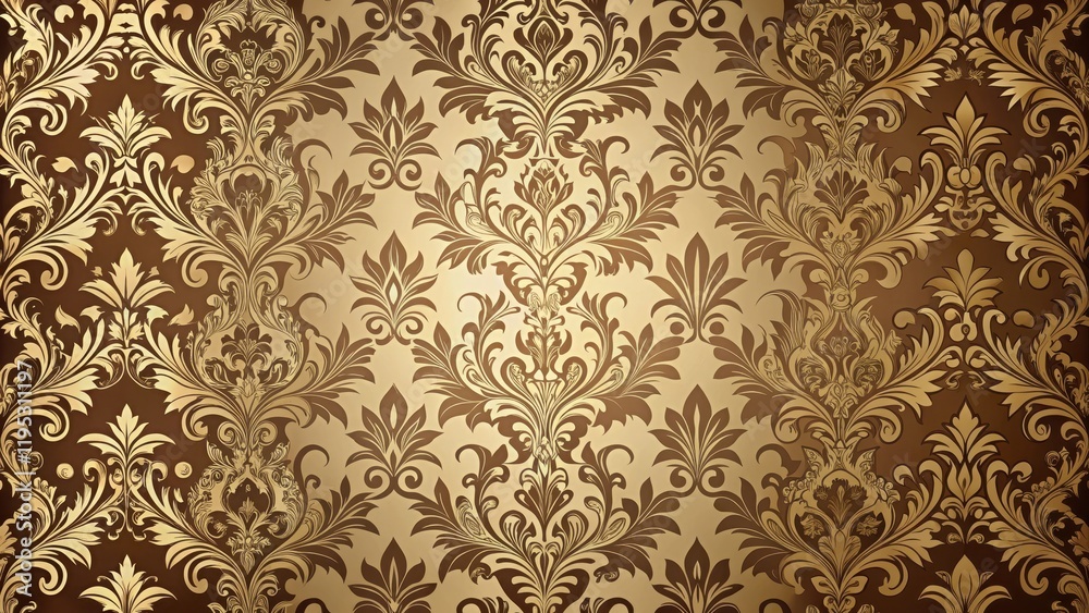 Fototapeta premium Ornate damask fabric with intricate patterns of gold and brown hues, featuring floral motifs and scrollwork designs, set against a subtle gradient background , gold, damask