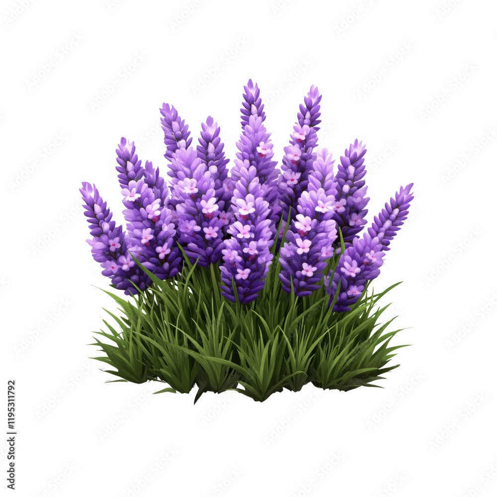 Fototapeta premium Lush Lavender Bush, Vibrant Purple Flowers and Green Foliage Isolated on Transparent Background