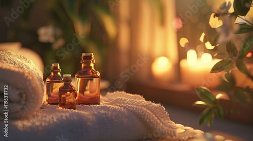 Relaxing spa atmosphere with essential oils and candles promotes peace and rejuvenation.