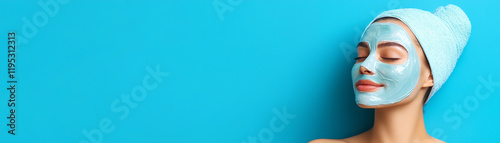 A woman enjoying a skincare routine with a face mask against a vibrant blue background. photo