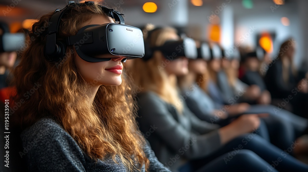 Woman in VR headset at conference. Woman in VR headset at conference.