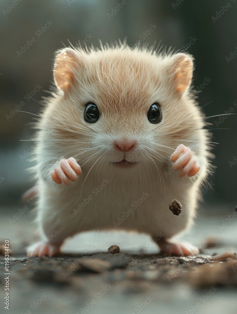 Adorable hamster with large eyes and mouth open in front of food crumbs. Adorable hamster with large eyes and mouth open in front of food crumbs.
