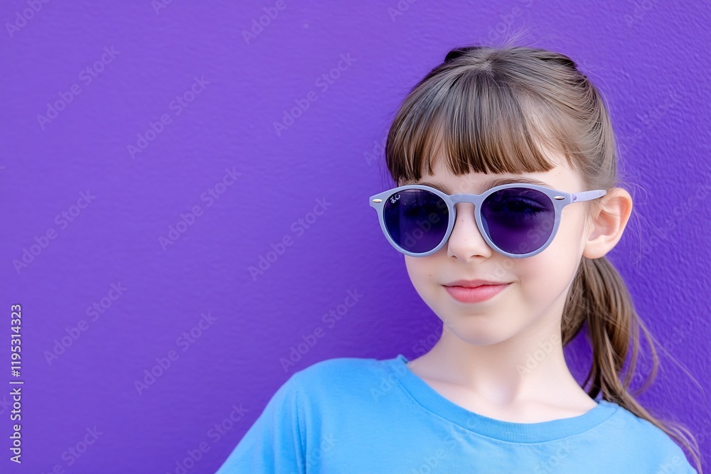 Smiling Child Wearing Sunglasses in Front of a Bright Purple Wall Smiling Child Wearing Sunglasses in Front of a Bright Purple Wall