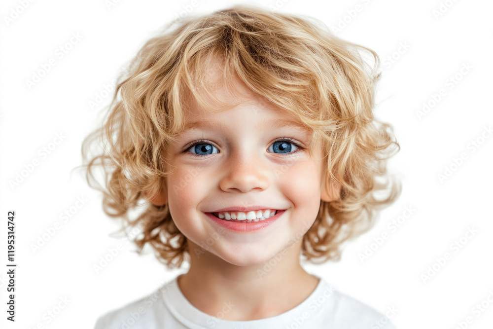 Close-up portrait of a smiling boy with bright blue eyes and curly blond hair, set against a clean white background, radiating innocence and joy. Close-up portrait of a smiling boy with bright blue eyes and curly blond hair, set against a clean white background, radiating innocence and joy.