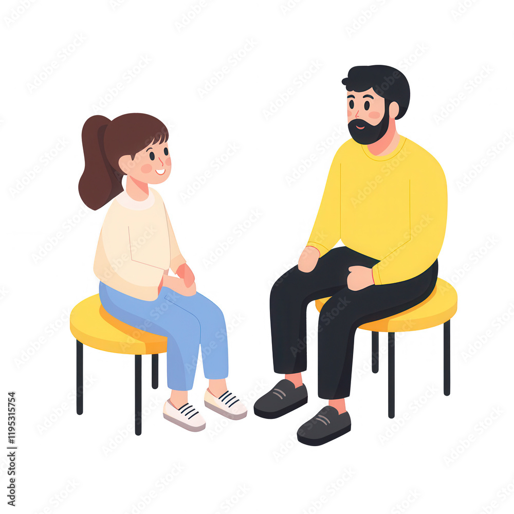 Two individuals engaged in a friendly conversation on yellow stools., isolated on a transparent background. Two individuals engaged in a friendly conversation on yellow stools., isolated on a transparent background.