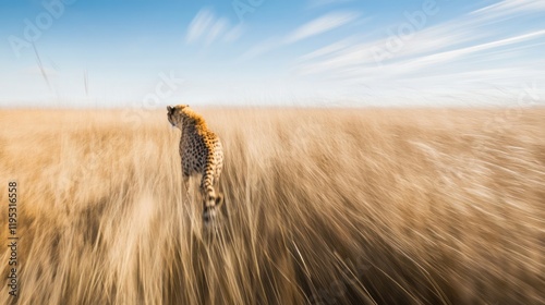 Cheetah running in grass field with motion blur against a blue sky. Use for nature theme photo