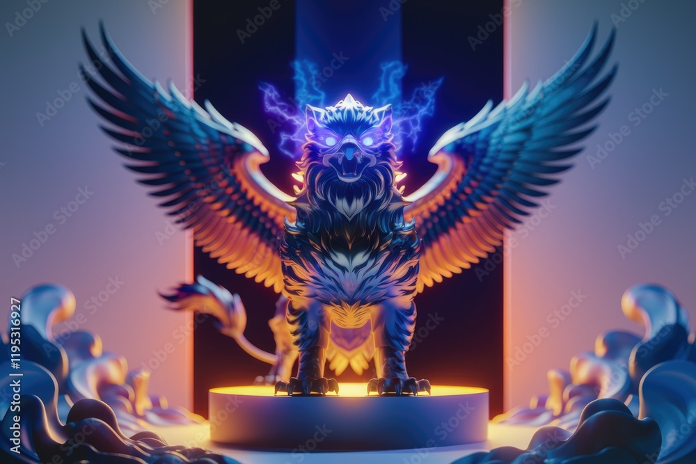 Fototapeta premium A majestic griffin, wings spread wide, bathed in ethereal blue lightning, stands majestically.