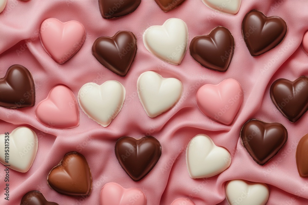 Fototapeta premium Heart-shaped chocolates lying on pink silk fabric for Valentine's Day