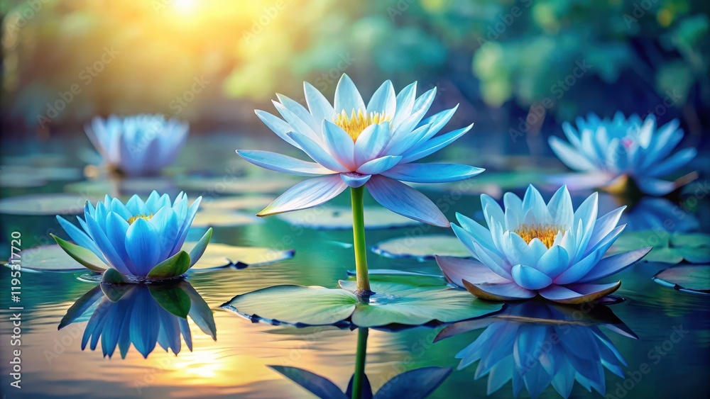 Obraz premium Pastel blue water lily pond with floating lotus flowers and a few green stems , botanical