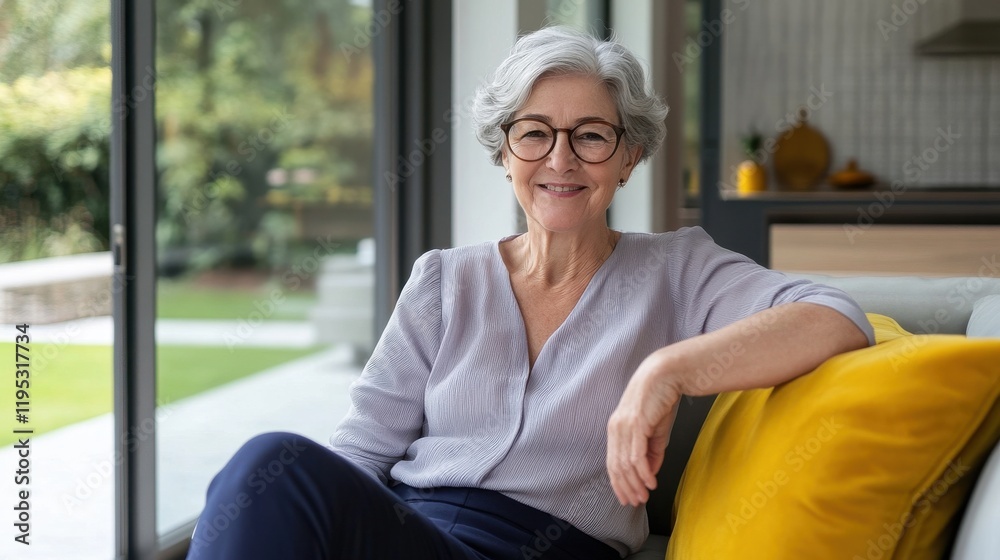 Cheerful elderly woman with gray hair relaxing indoors in a cozy living space with natural light and greenery outside Cheerful elderly woman with gray hair relaxing indoors in a cozy living space with natural light and greenery outside