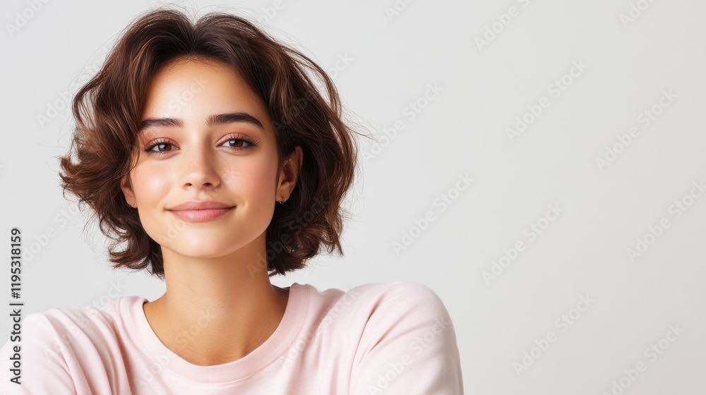 Young woman with a warm smile embodying confidence and joy indoors Young woman with a warm smile embodying confidence and joy indoors