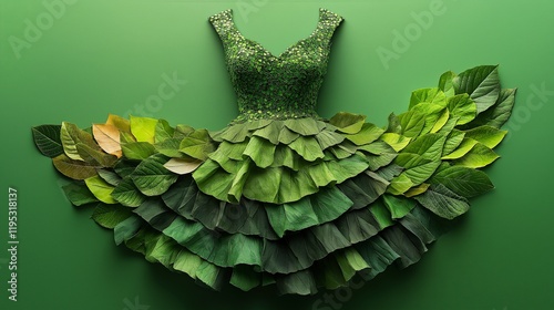 Dress made of green leaves on a hanger against a vibrant background. Eco-fashion and sustainable design concept. Design for posters and banners