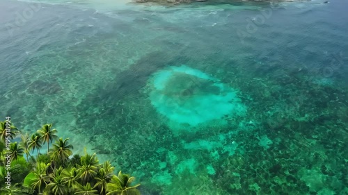 Aerial view of lush greenery and turquoise waters, showcasing a tropical paradise.