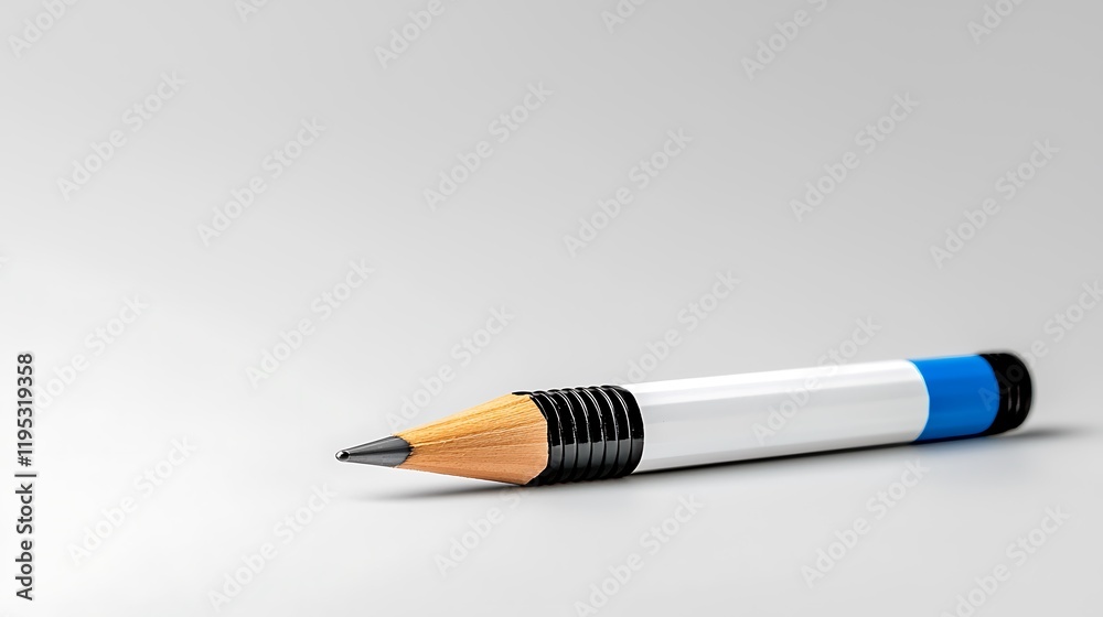 Close-up of a graphite pencil with blue and white accents on a white background Close-up of a graphite pencil with blue and white accents on a white background