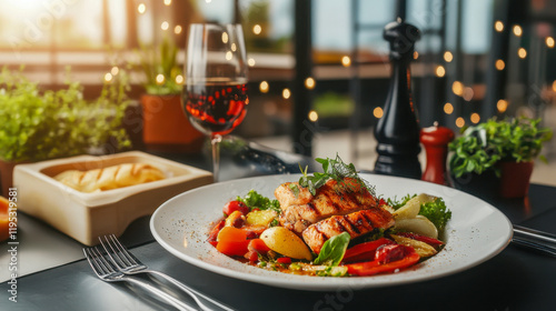 Plate of vibrant food with a glass of wine for an intimate outdoor dining experience surrounded by greenery photo