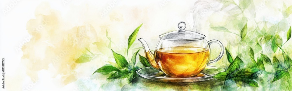 Close-up of a steaming glass teapot filled with golden tea surrounded by fresh green leaves on a watercolor background Close-up of a steaming glass teapot filled with golden tea surrounded by fresh green leaves on a watercolor background