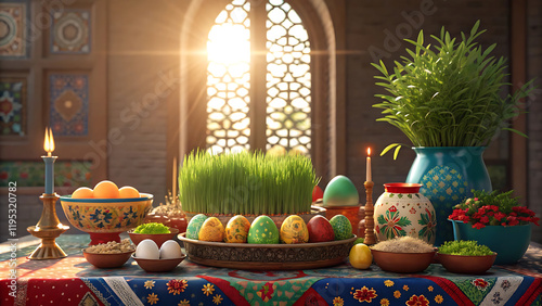 Nowruz bayram celebration: vibrant haft sin table with symbolic decorations for festive season.