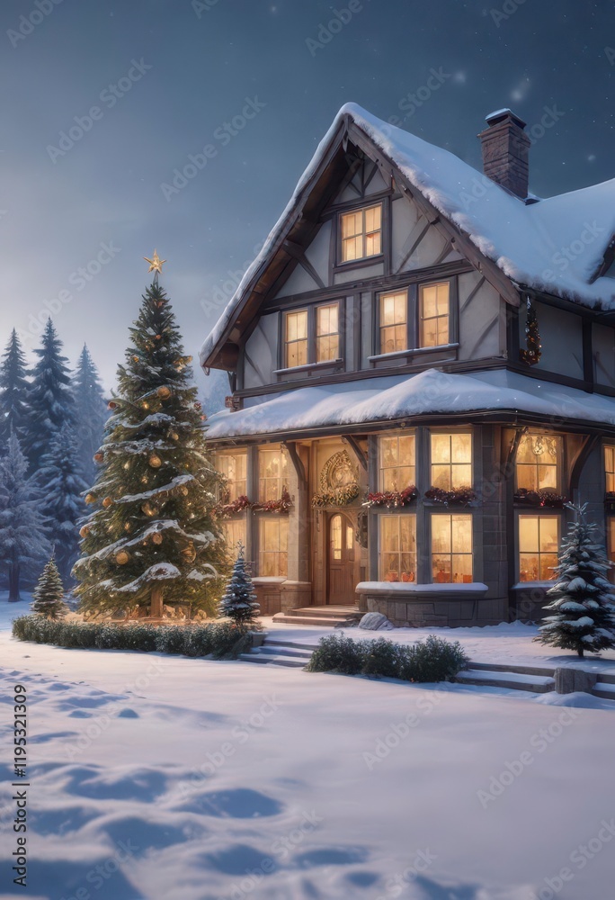 Fototapeta premium Snowy winter scene with Christmas tree and decorated house, Snow, Seasonal, Christmas Tree