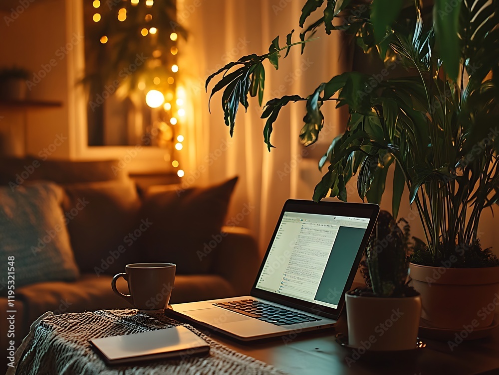 Fototapeta premium Cozy home workspace with laptop and plants