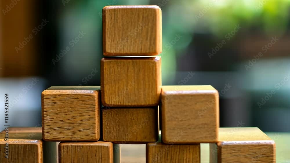 Wooden building blocks arranged in a pyramid shape on a table with blurred greenery in the background Wooden building blocks arranged in a pyramid shape on a table with blurred greenery in the background