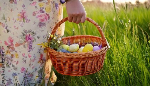 A Woman Walks Through a Field Holding a Basket of Colorful Easter Eggs with Flowers.
 photo