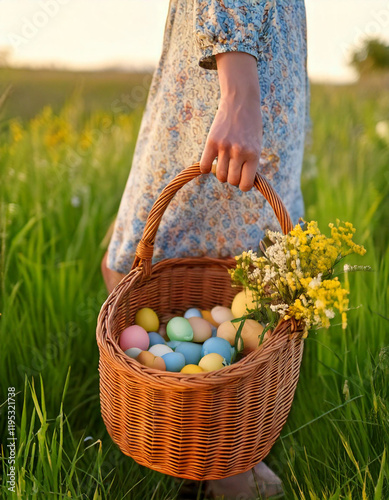 A Woman Walks Through a Field Holding a Basket of Colorful Easter Eggs with Flowers.
