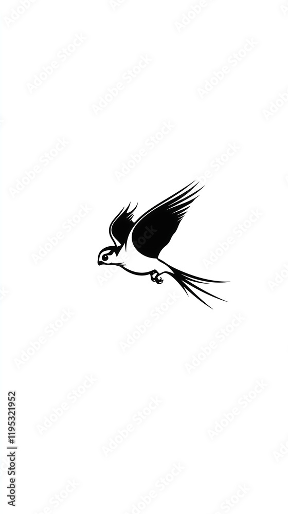 Fototapeta premium stylized black bird soars across a white background The design is minimalist focusing on the birds form and movement Sharp lines create a graphic effect