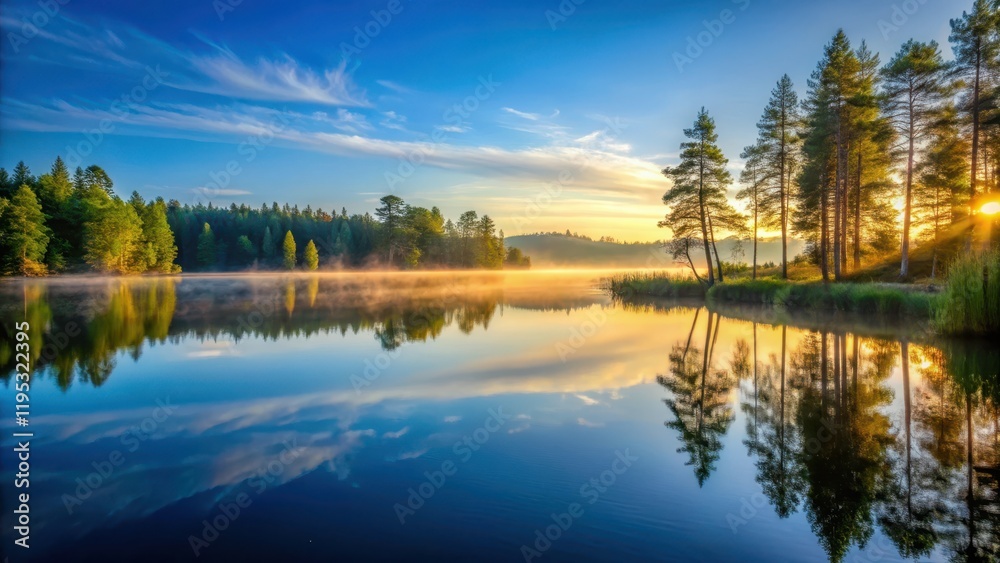 Obraz premium A serene lake at sunrise, surrounded by tall trees and a clear blue sky, with a few wispy clouds in the distance , lake