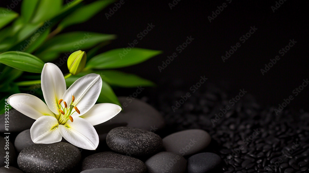 Elegant white lily with green leaves resting on smooth black stones, creating a serene ambiance. Elegant white lily with green leaves resting on smooth black stones, creating a serene ambiance.