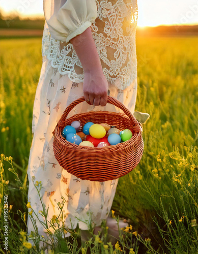 A Woman Walks Through a Field Holding a Basket of Colorful Easter Eggs with Flowers.
 photo