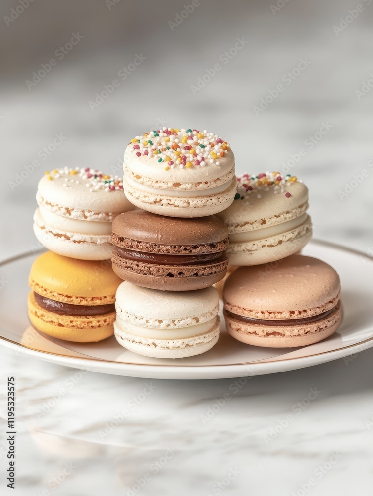 Brightly colored macarons stacked on a plate, showcasing a delightful treat for dessert lovers Brightly colored macarons stacked on a plate, showcasing a delightful treat for dessert lovers