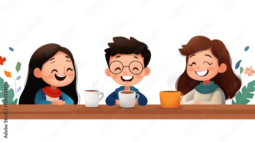 Joyful friends enjoying coffee while sharing laughter at a cozy cafe
