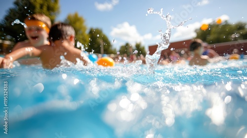 Kids enjoying a sunny day splashing in the pool at summer camp