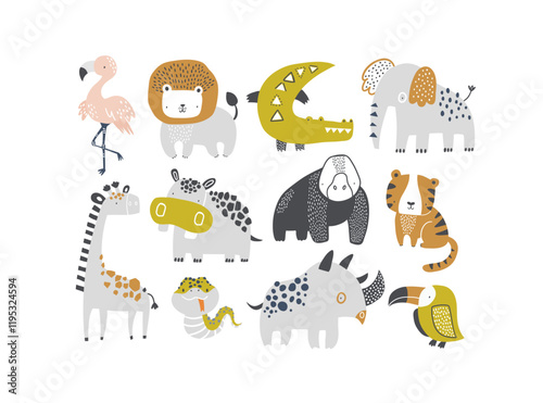 Wallpaper Mural Vector illustration of cute tropical African animals for kids. Cute cartoon animal characters. Safari. Lion, flamingo, crocodile, elephant, giraffe, hippo, gorilla, tiger, snake, rhino, toucan. Torontodigital.ca