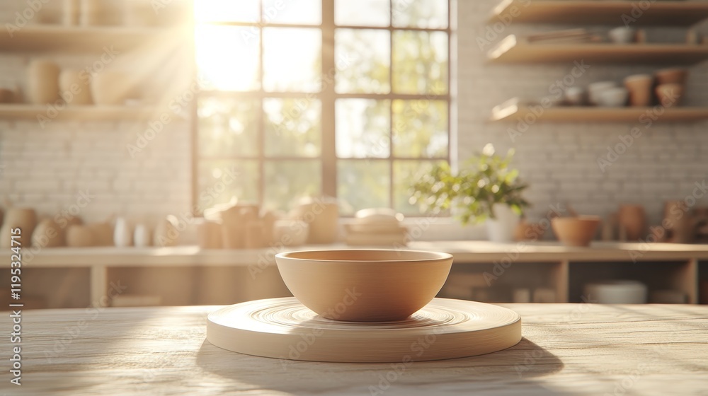 Crafting Transformation: Glowing Unshaped Clay on Pottery Wheel in Modern Studio Illustrating Creative Challenges, Photorealistic Crafting Transformation: Glowing Unshaped Clay on Pottery Wheel in Modern Studio Illustrating Creative Challenges, Photorealistic