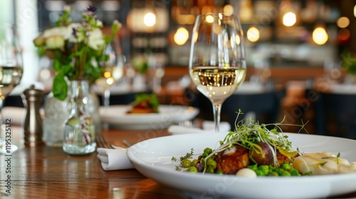 Fototapeta Naklejka Na Ścianę i Meble -  Elegant Fine Dining Restaurant Table Setting with White Wine and Gourmet Food
