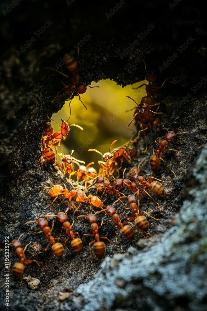 Many ants emerging from hole in wood. Many ants emerging from hole in wood.