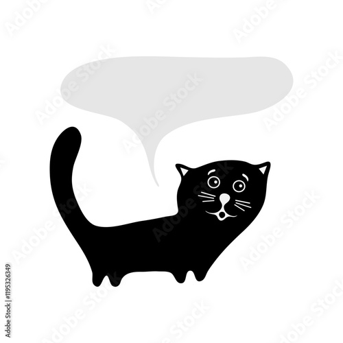 Doodle black cat with chat cloud. Cartoon sketch cat with talking bubble. Domestic animal illustration. Silhouette graphic sign symbol. Linear style for mobile concept and web, tattoo or logo design