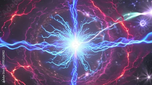 Wallpaper Mural Cosmic Explosion and Energy Burst – Swirling Nebula with Electric Blue and Red Tendrils, Stellar Fusion, and High-Energy Particles in Deep Space. Torontodigital.ca
