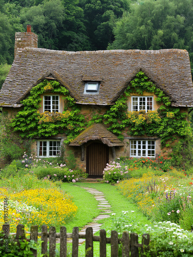 Charming Cottage Retreat: A quaint thatched cottage nestled amidst a vibrant flower garden, inviting you to escape to a tranquil countryside retreat.