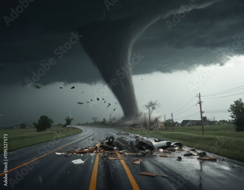 A large tornado touches down in a rural area with debris on the street with cars on the road...Concept: Rural storm, natural disaster, extreme weather, powerful tornado, destructive force. photo