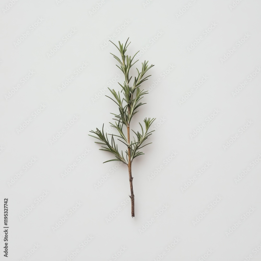 Fototapeta premium Fresh rosemary sprig showcasing vibrant green needles against a plain background in a well-lit setting