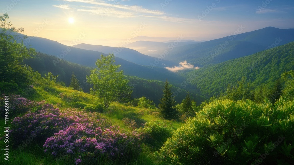 Fototapeta premium Serene spring morning in the mountains with blooming flowers and distant mist