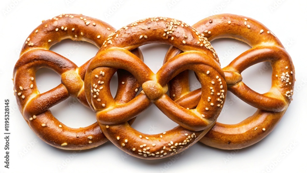Three fresh pretzels isolated on white background, top view
Three fresh pretzels isolated on white background, top view