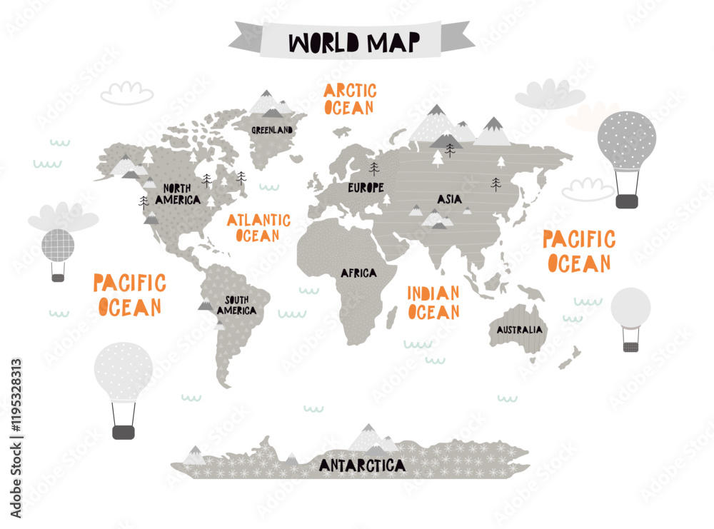 custom made wallpaper toronto digitalVector world map for kids with cute cartoon planes and air balloons. Children's map design for wallpaper, kid's room, wall art. America, Europa, Asia, Africa, Australia, Arctica. Vector illustration.