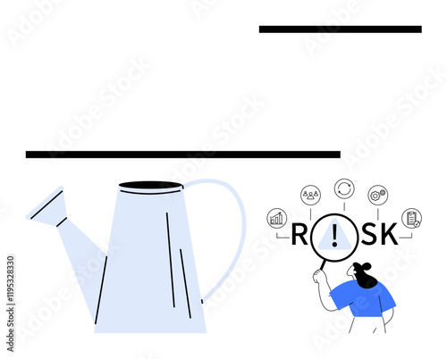 Woman examining RISK with a magnifying glass next to a watering can, linked with finance, growth, strategy, innovation. Ideal for risk analysis, planning, research themes, abstract line flat metaphor