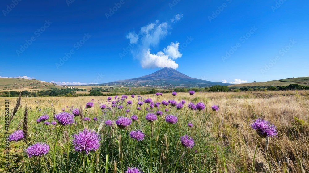 Obraz premium Scenic view of a volcano with blooming flowers in the foreground.