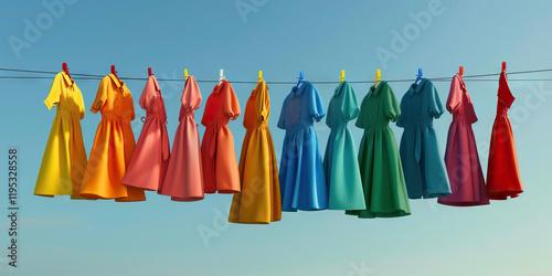 Ten Rainbow-Colored Children's Dresses on Clothesline photo