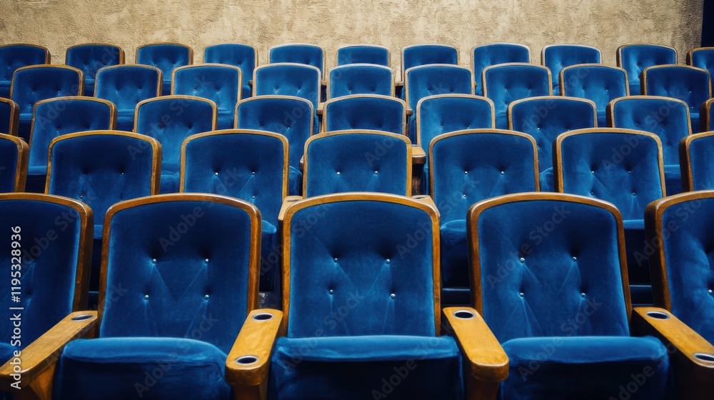 Fototapeta premium Rows of empty blue theater seats with wooden armrests in auditorium