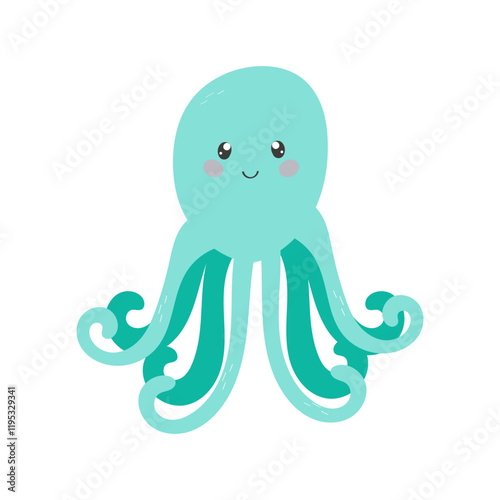 Cute green octopus in simple flat style for you design, logo or label